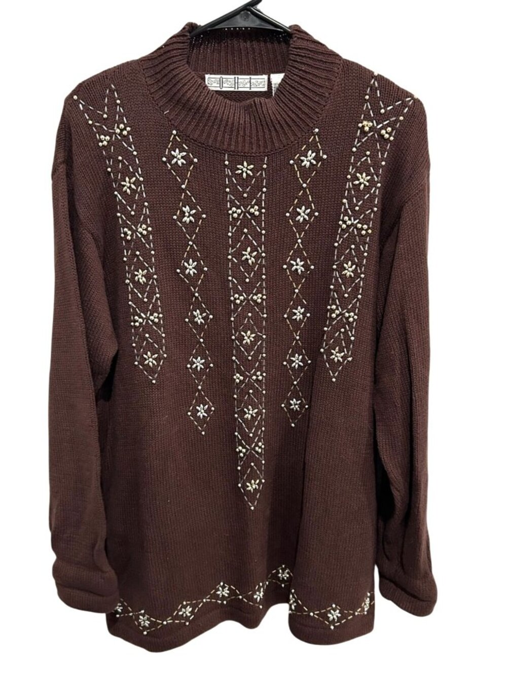 Vintage OHI Brown Knit Sweater With Embroidered Floral Patterns Sz Large